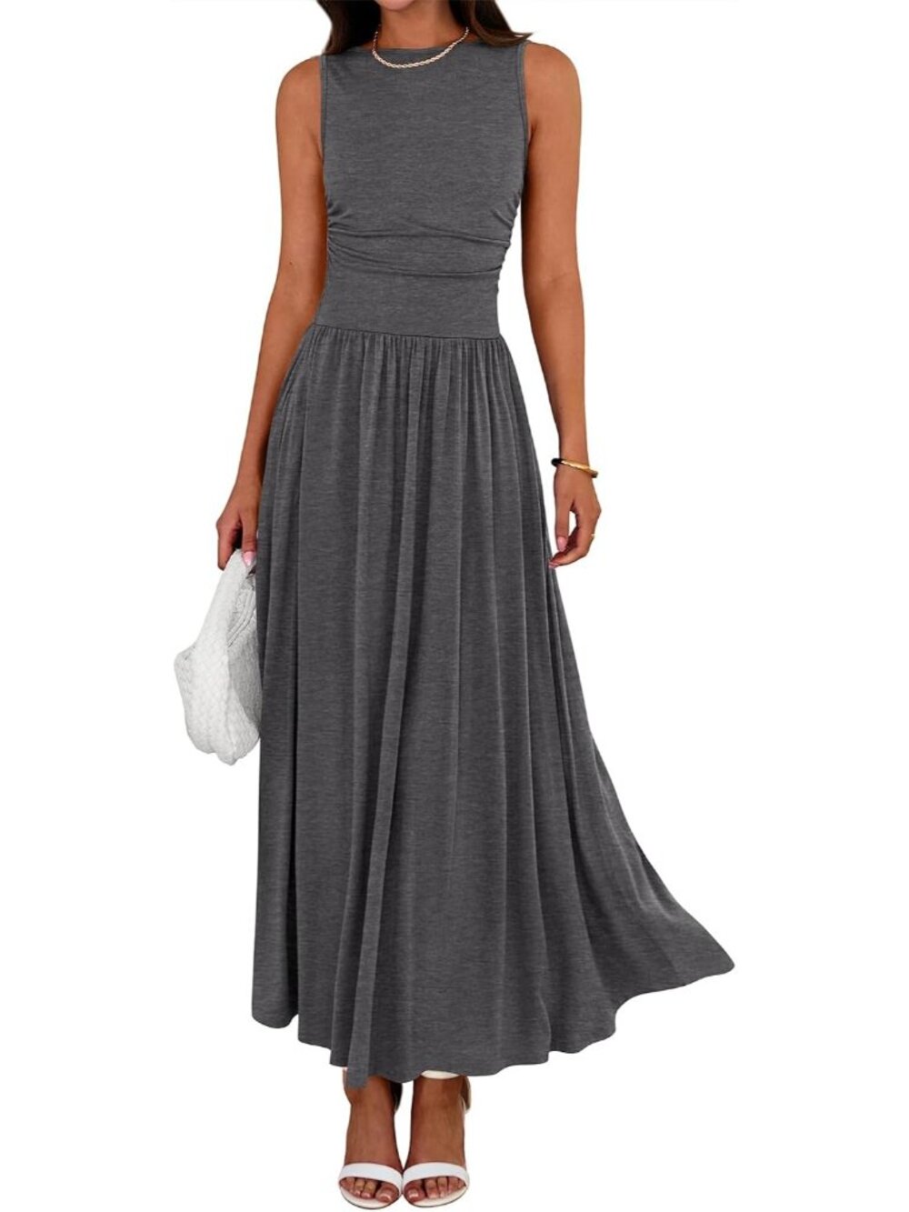 Women's Dark Grey Summer Crewneck High Waisted Sleeveless Casual Maxi Dresses